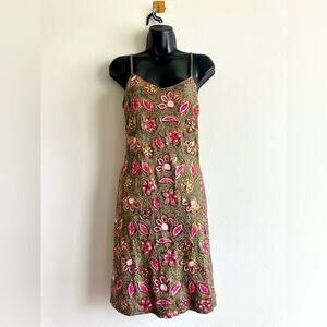 Vintage y2k Sequin Slip Dress | Boho Y2K Glam Olive Green Pink Floral Size M